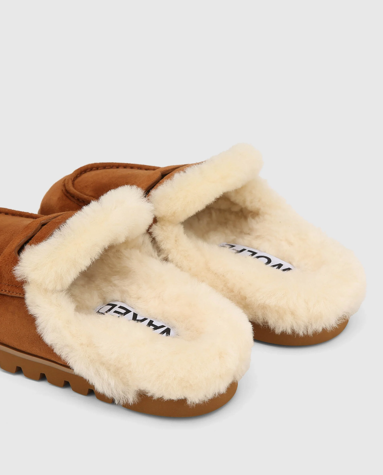 Zamszowe mule z futerkiem Cognac Camel - Image #3