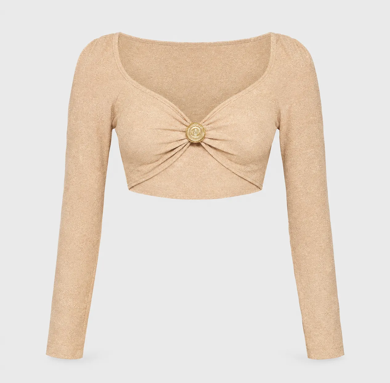 Błyszczący crop top z pozłacaną muszlą Champagne - Image #2