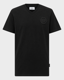 Czarny T-shirt z dekoltem V i haftowanym logo Hexagon - Image #0