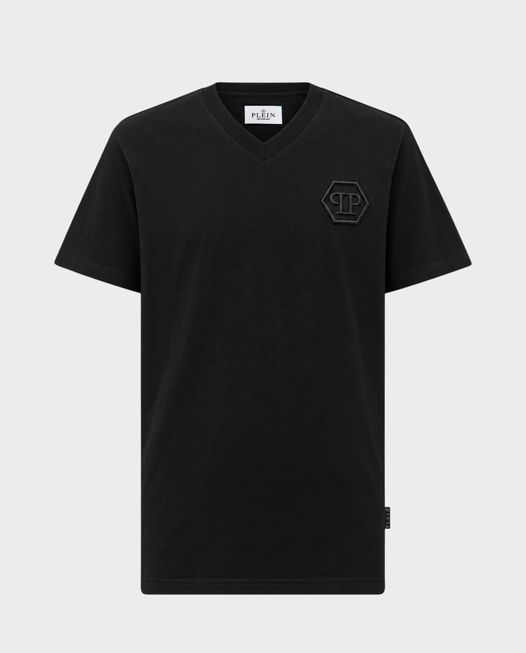 Czarny T-shirt z dekoltem V i haftowanym logo Hexagon