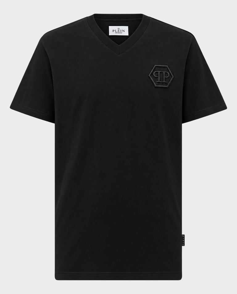 Czarny T-shirt z dekoltem V i haftowanym logo Hexagon