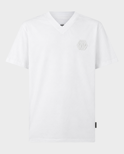 Biały T-shirt z dekoltem V i haftowanym logo Hexagon - Image #0