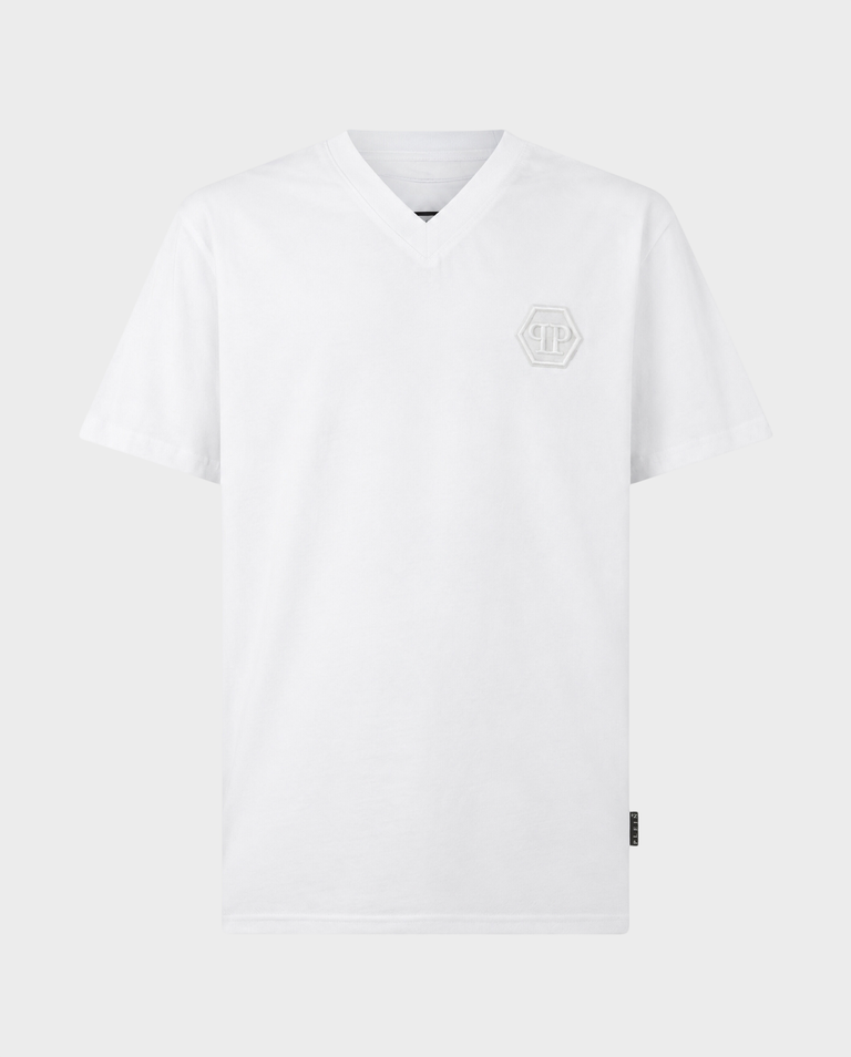 Biały T-shirt z dekoltem V i haftowanym logo Hexagon