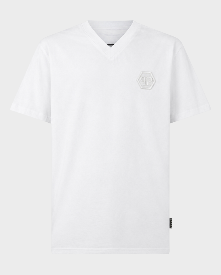 Biały T-shirt z dekoltem V i haftowanym logo Hexagon