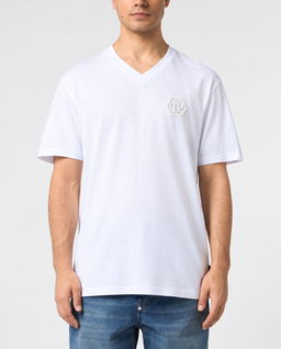Biały T-shirt z dekoltem V i haftowanym logo Hexagon - Image #1