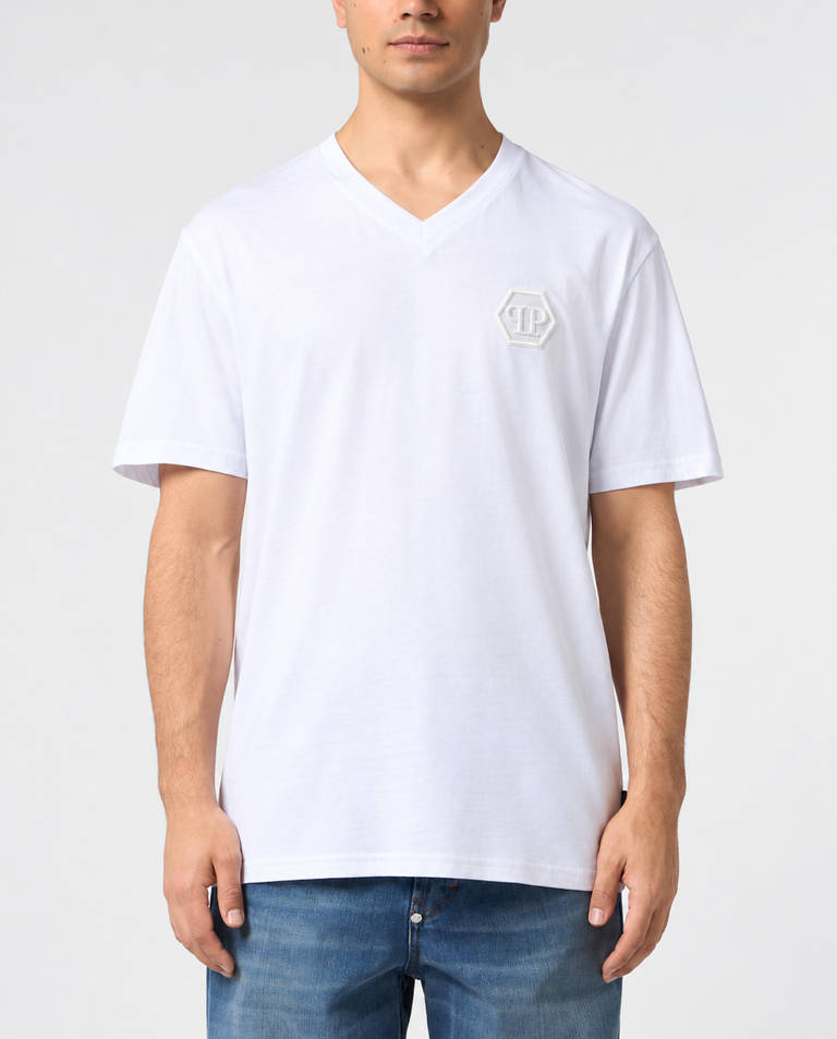 Biały T-shirt z dekoltem V i haftowanym logo Hexagon