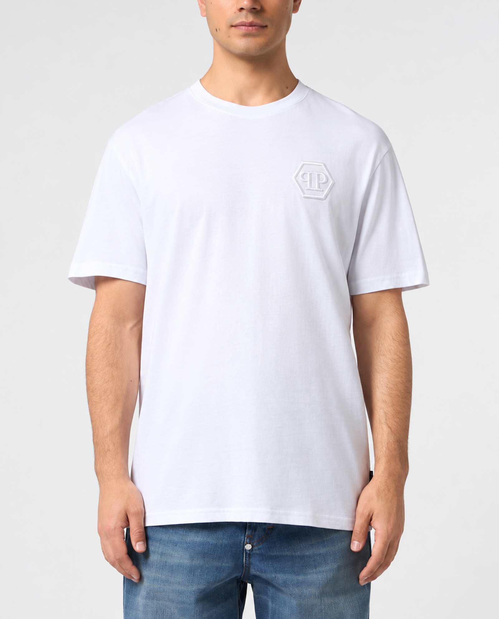 Biały T-shirt z haftowanym logo Hexagon - Image #1