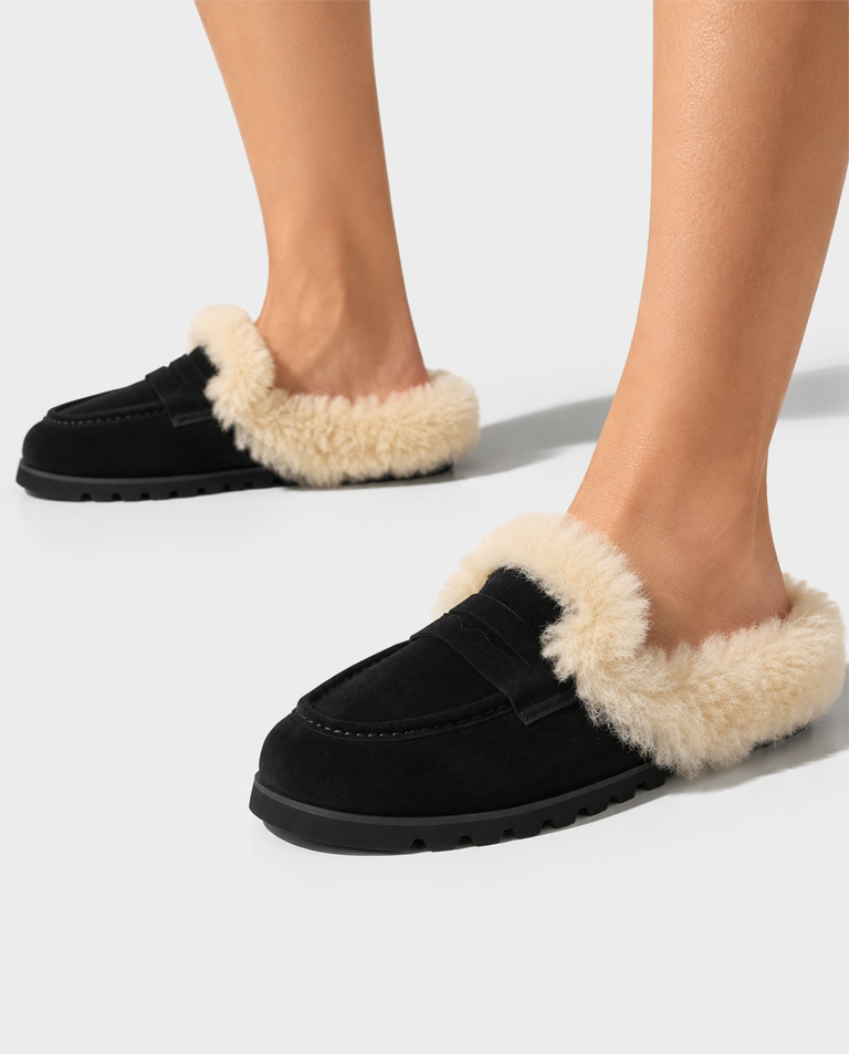 Zamszowe mule z futerkiem Corded Black