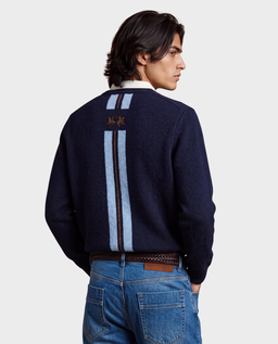 Granatowy sweter z haftowanym logo i paskami - Image #1