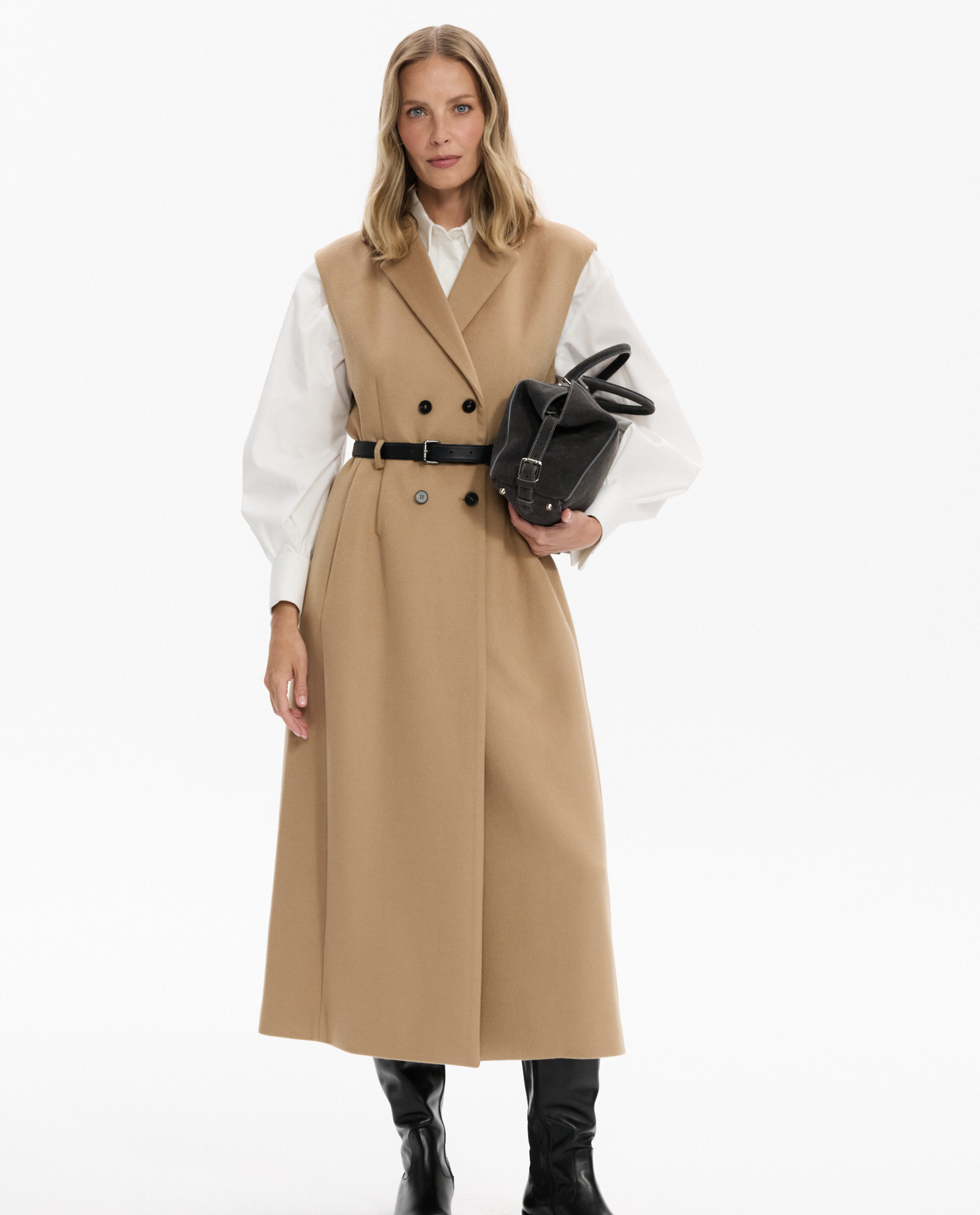 Kamelowa długa kamizelka z wełny i kaszmiru - Image #4