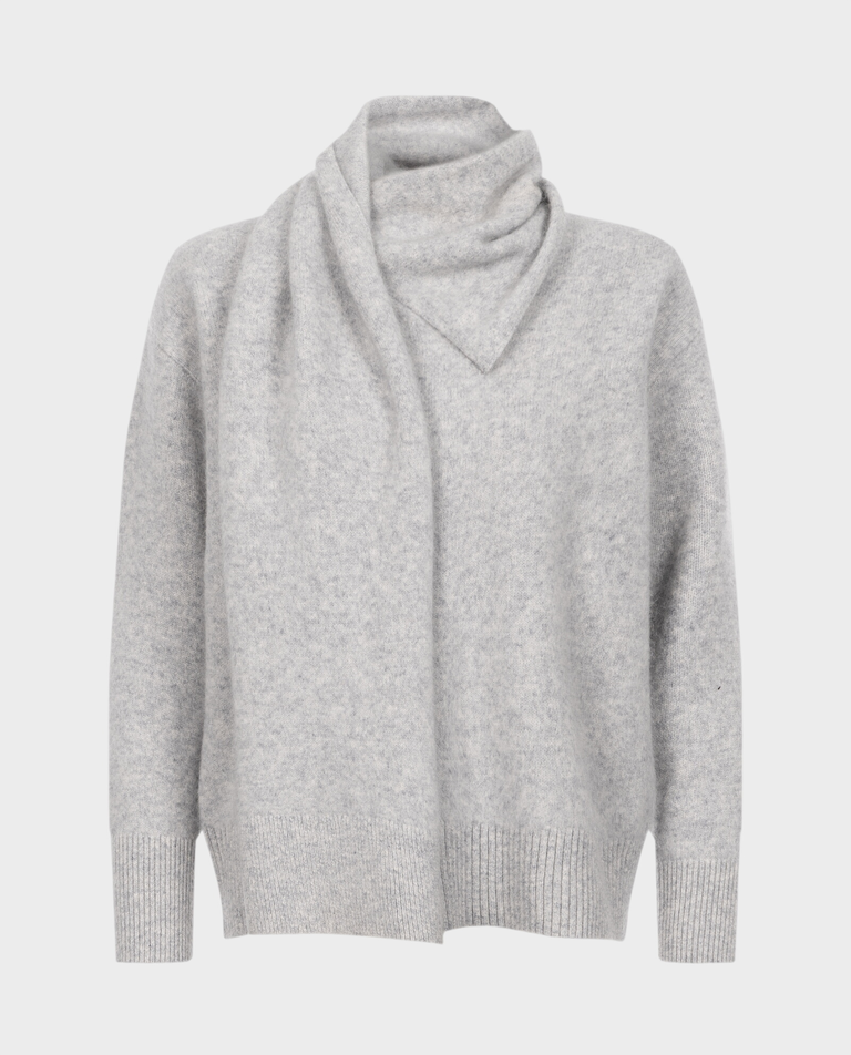 Jasnoszary sweter z wełny merino z szalem - Image #0