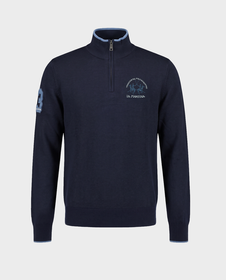 Granatowy sweter ze stójką i logo