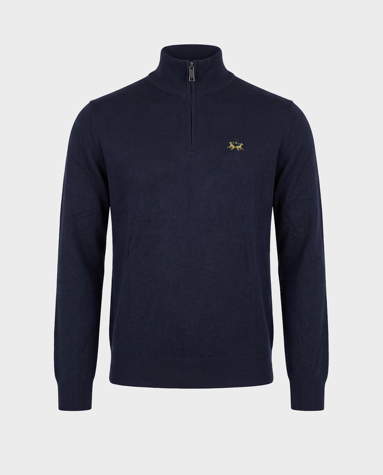 Granatowy sweter z suwakiem i logo