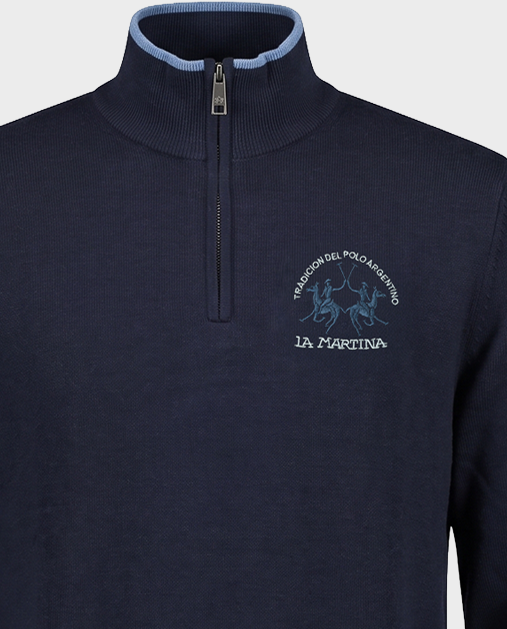 Granatowy sweter ze stójką i logo