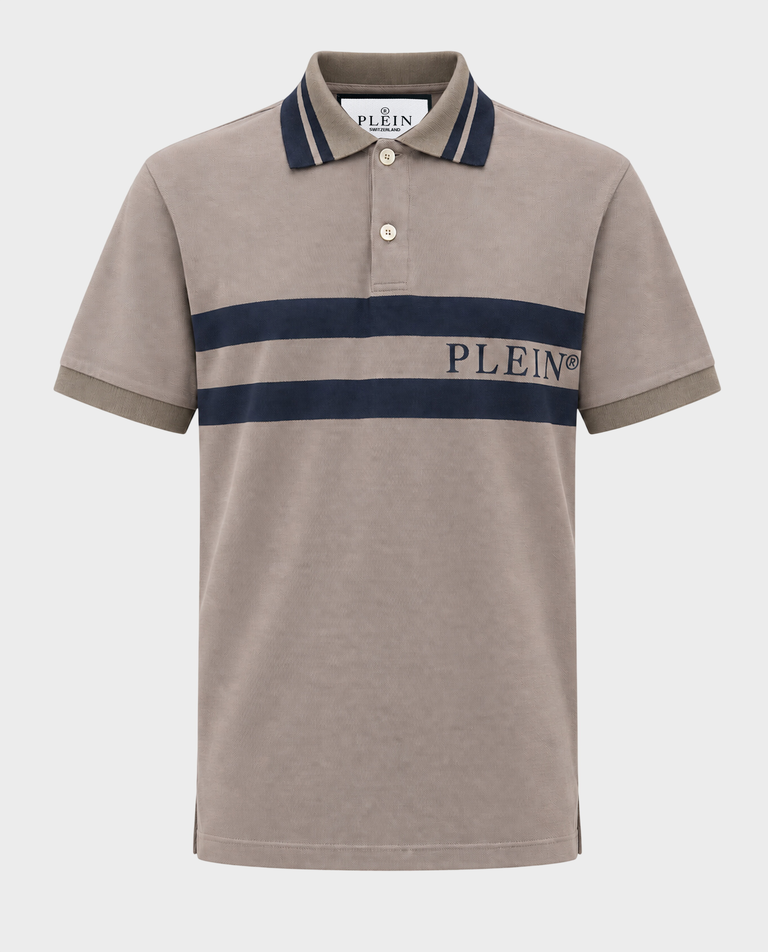 Beżowa koszulka polo w paski z logo