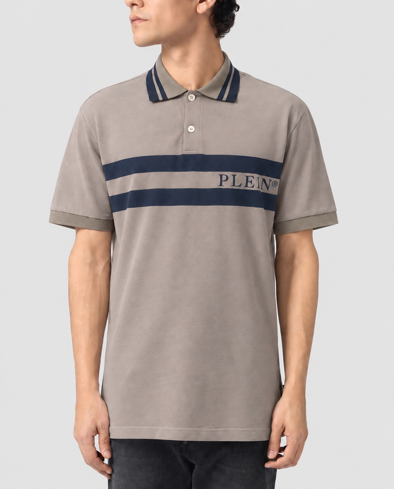Beżowa koszulka polo w paski z logo