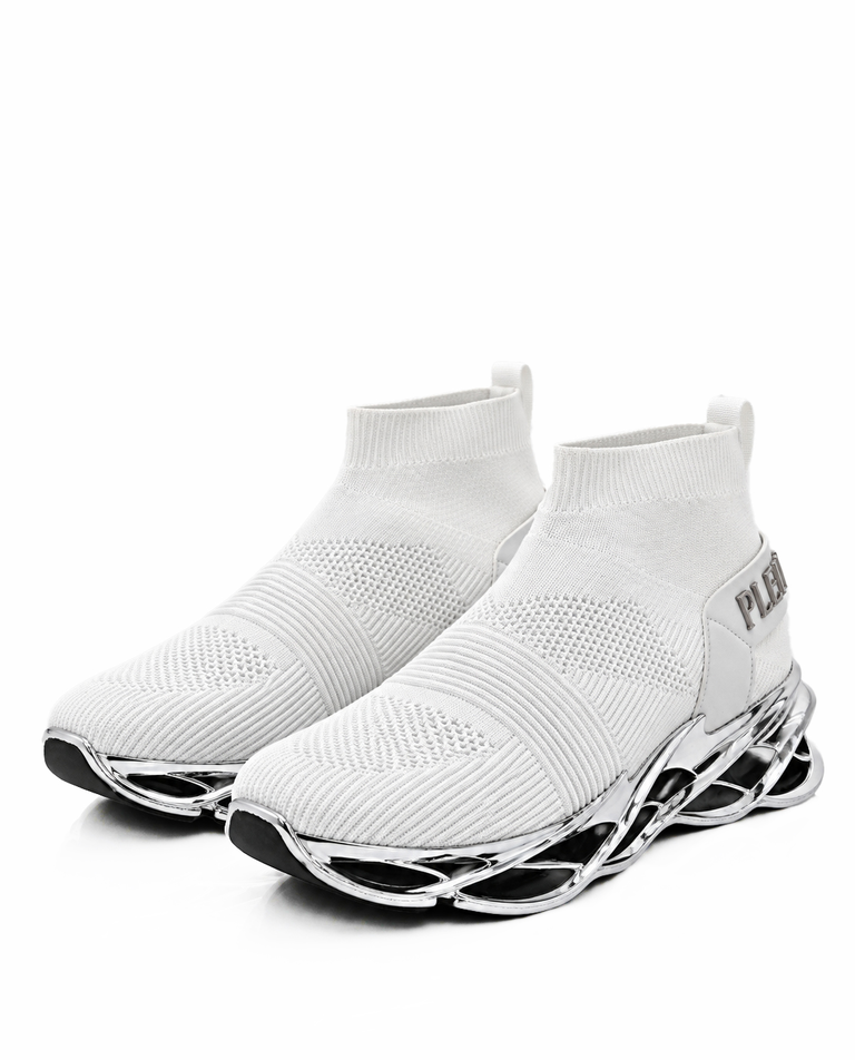 Biało-srebrne sneakersy sportowe Low Sock Runner - Image #2
