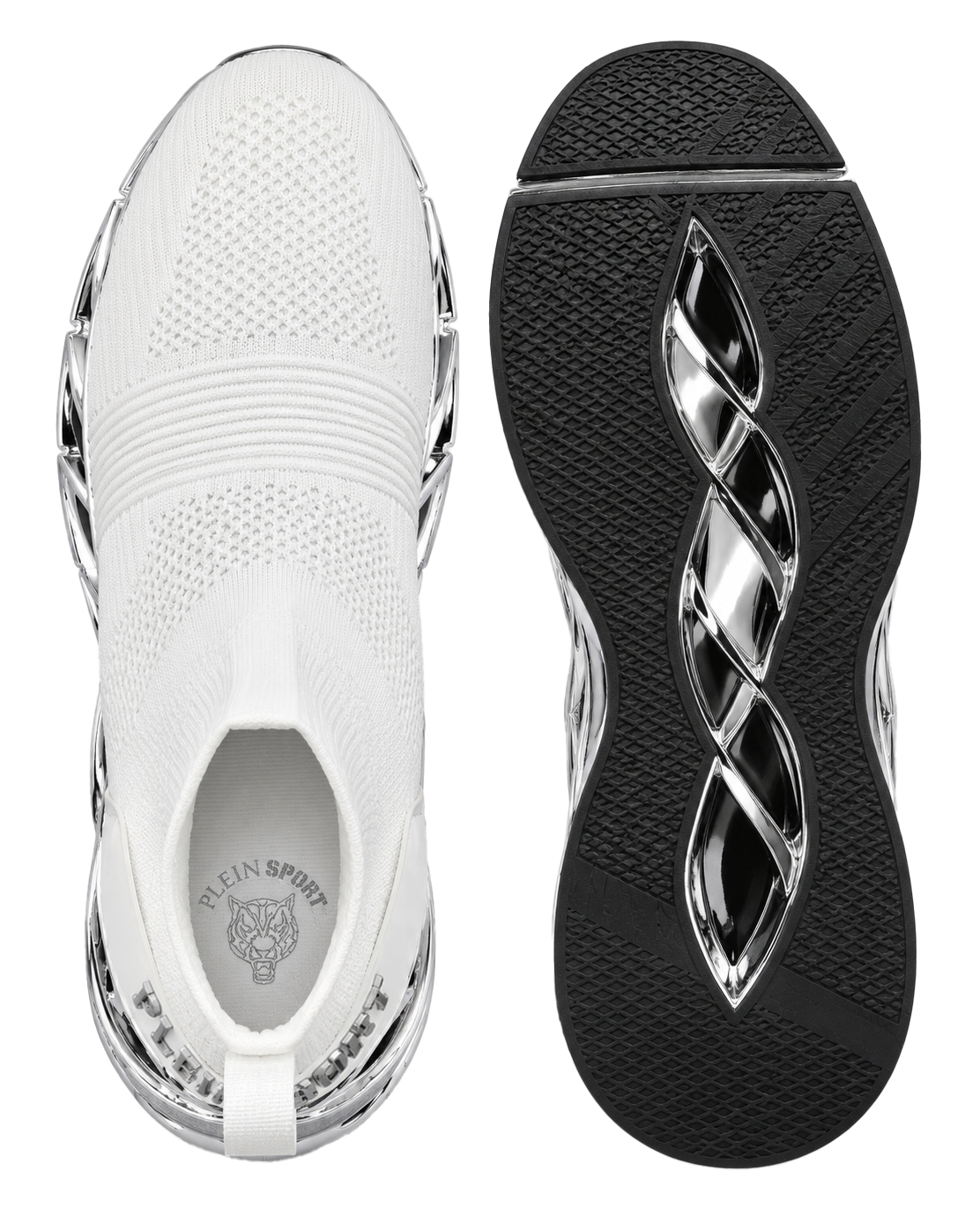 Biało-srebrne sneakersy sportowe Low Sock Runner - Image #5