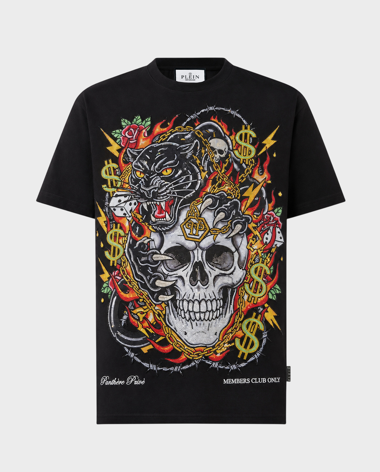 Czarny t-shirt Panther Skull Strass
