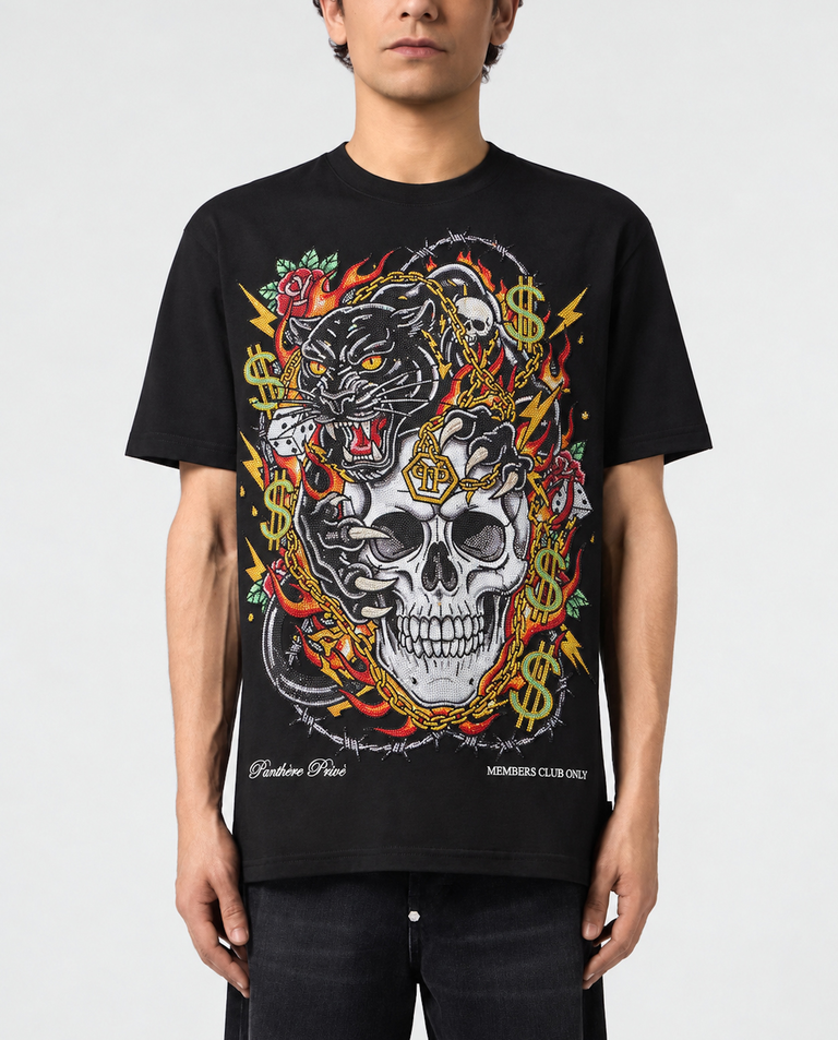 Czarny t-shirt Panther Skull Strass