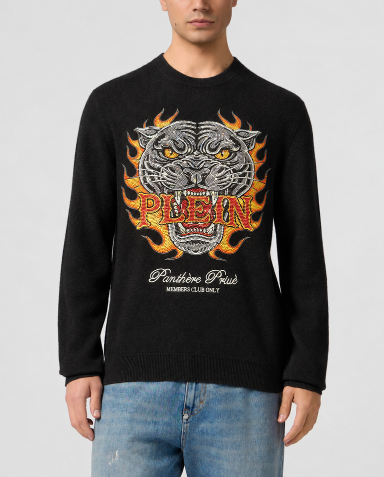 Czarny sweter z kryształkami Panther Flames