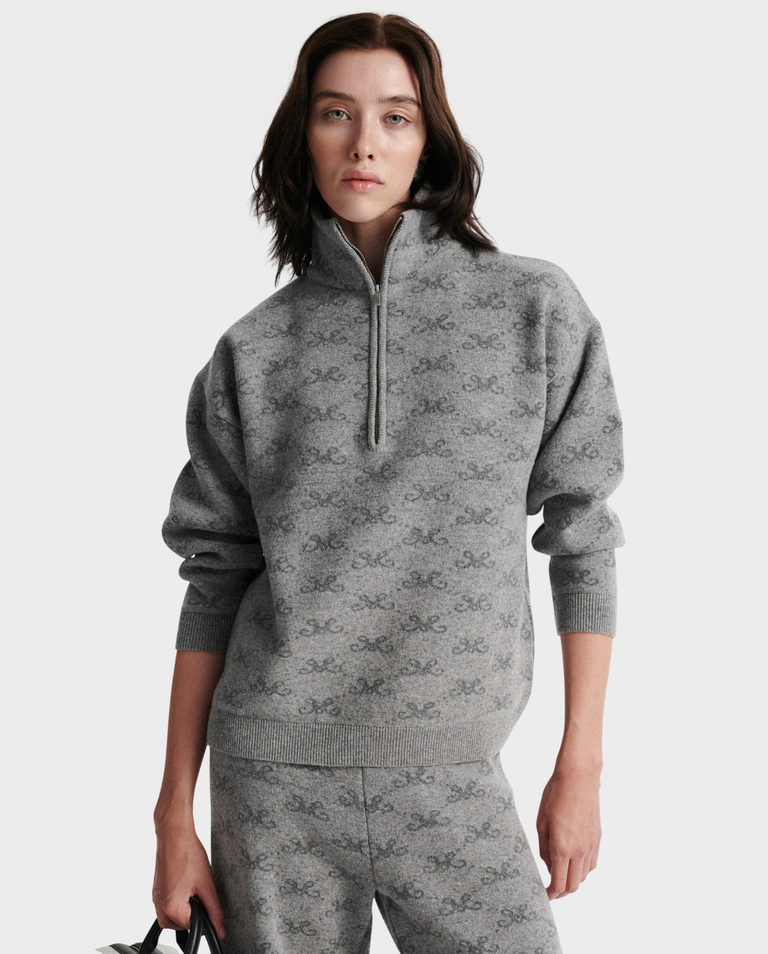 Szara wełniano-kaszmirowa bluza ze stójką Monogram