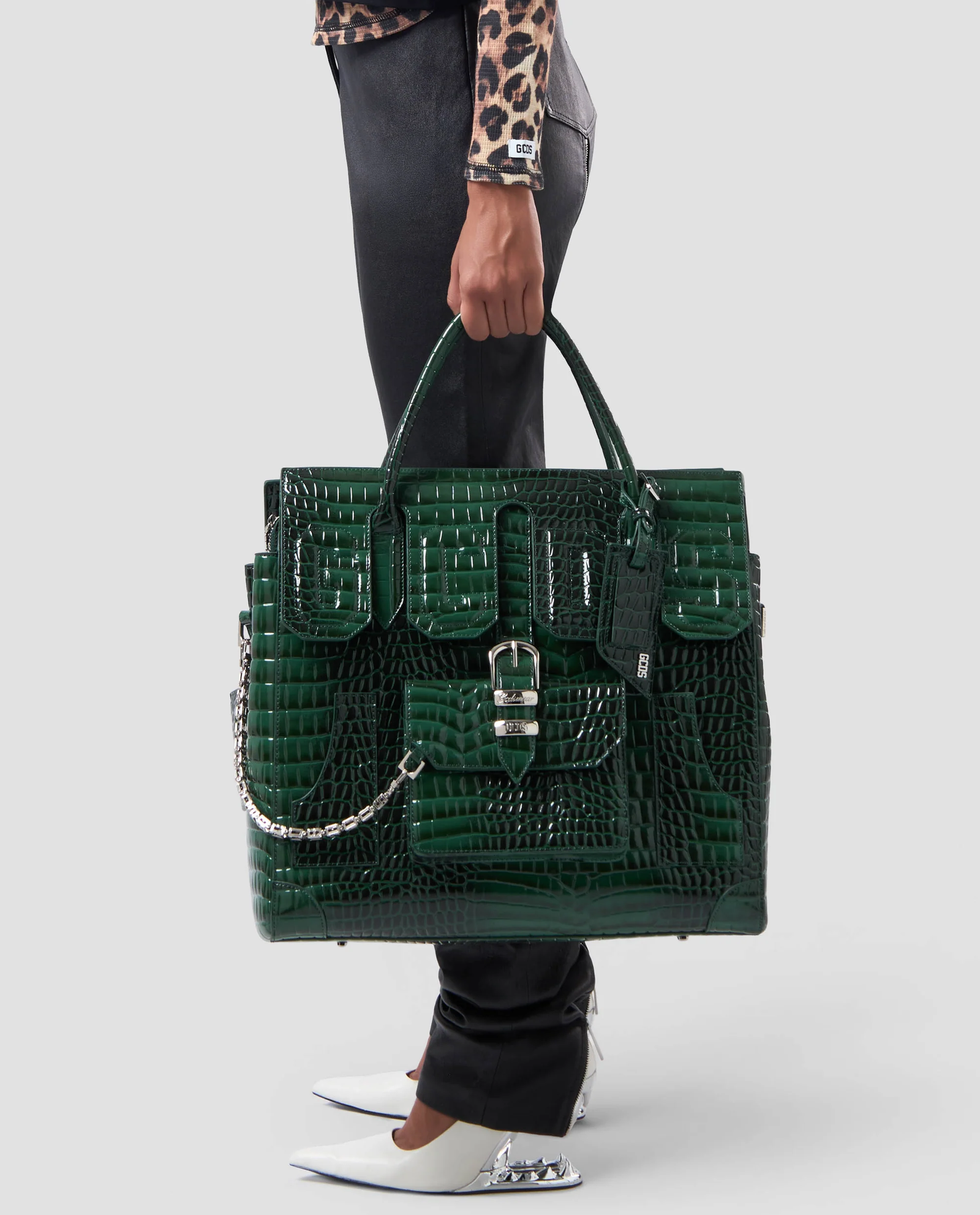 Ciemnozielona torebka maxi z efektem krokodyla - Image #1