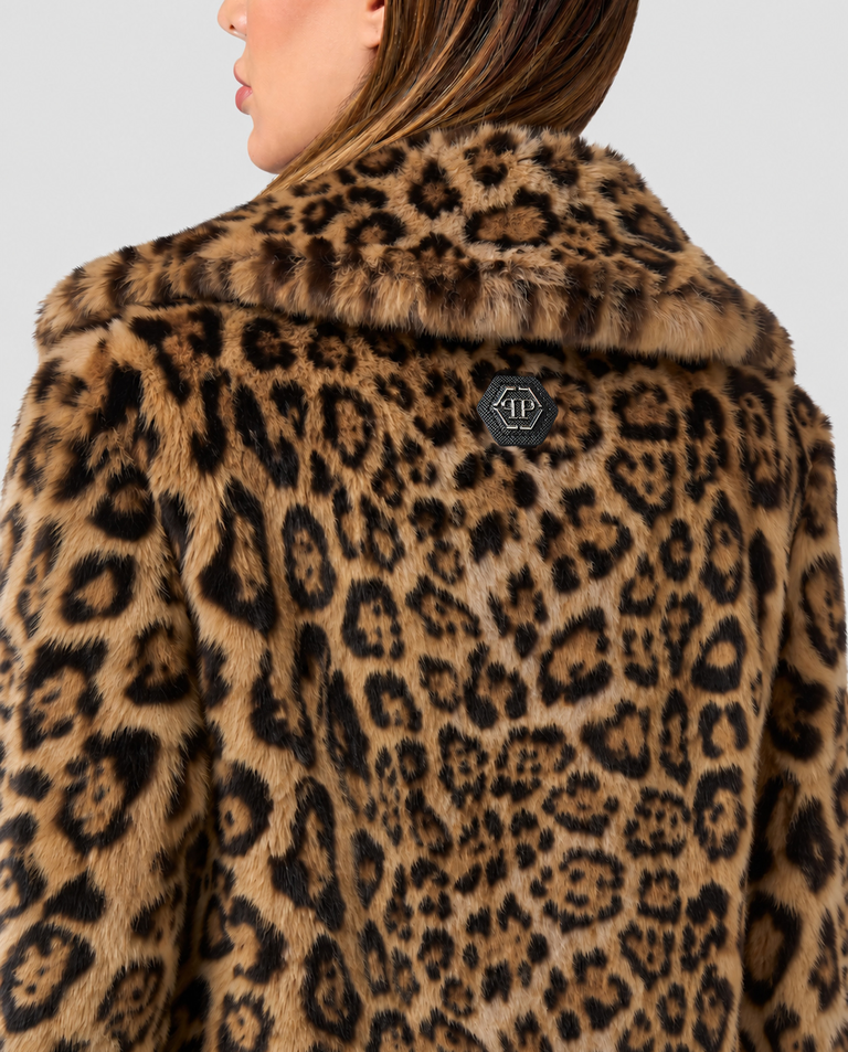 Długi futrzany płaszcz w panterkę - Image #5