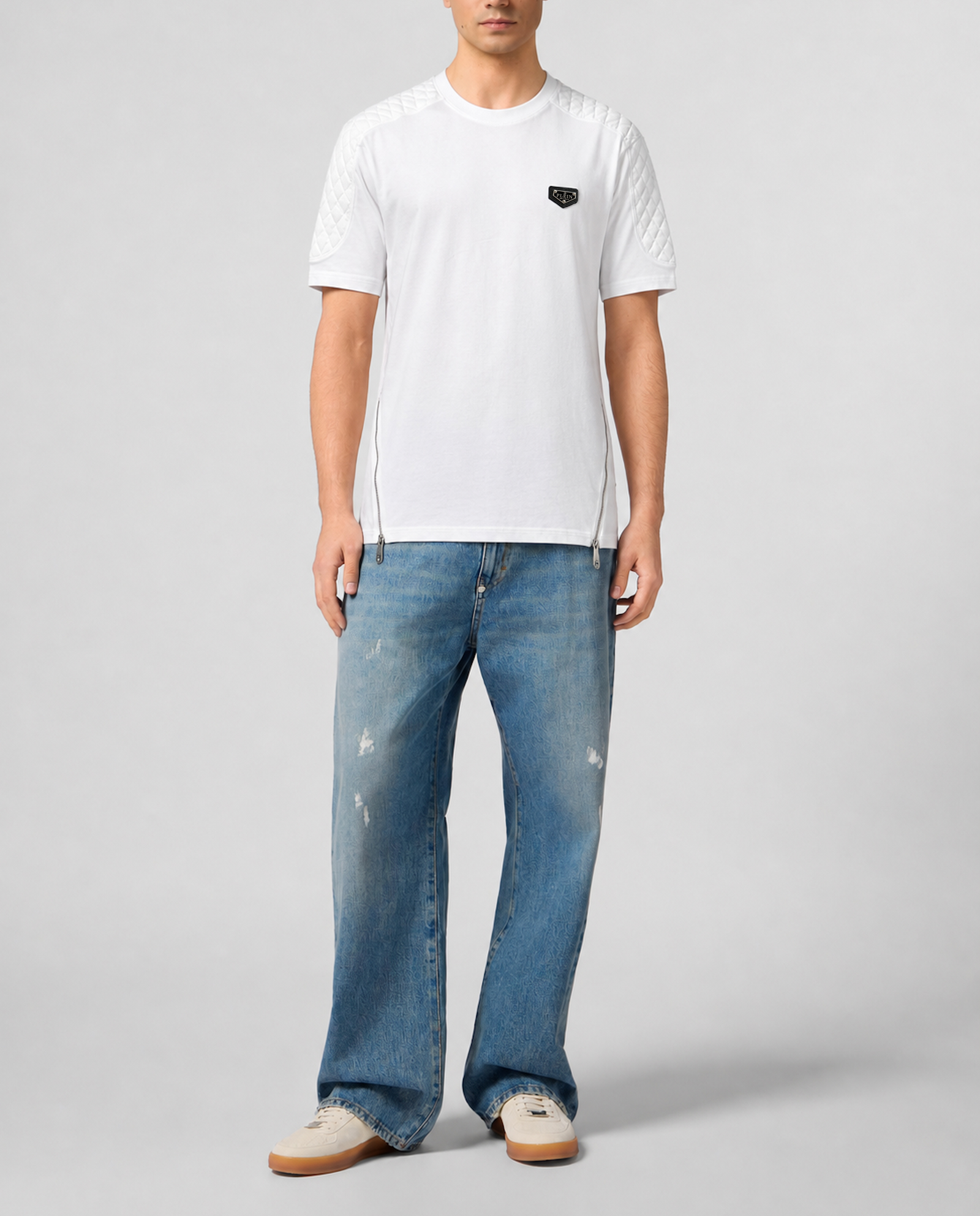Biały t-shirt z ozdobnymi suwakami - Image #2
