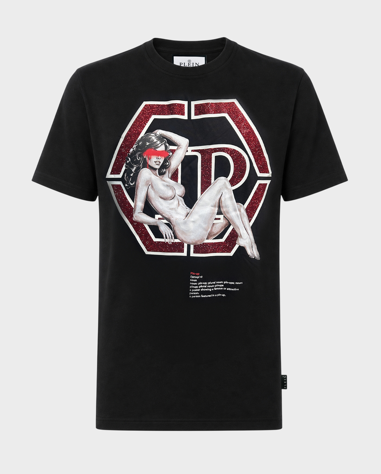 Czarny t-shirt z grafiką i kryształkami