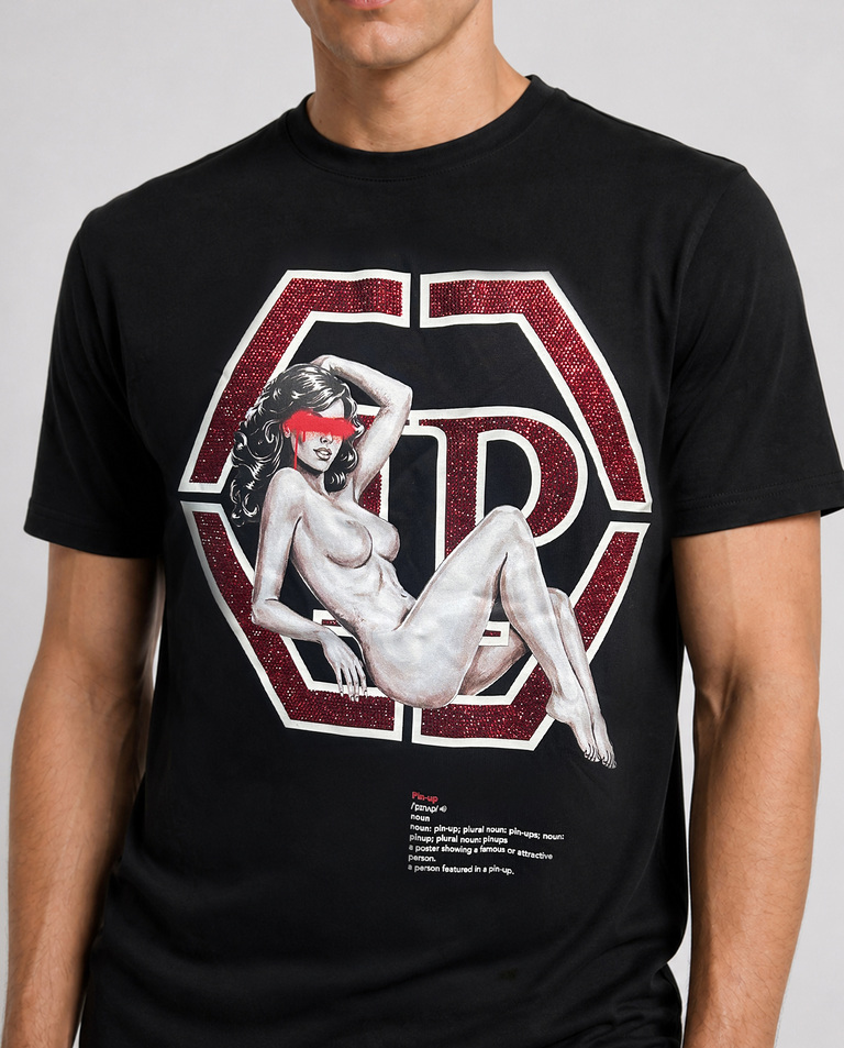 Czarny t-shirt z grafiką i kryształkami - Image #3