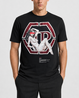 Czarny t-shirt z grafiką i kryształkami - Image #1