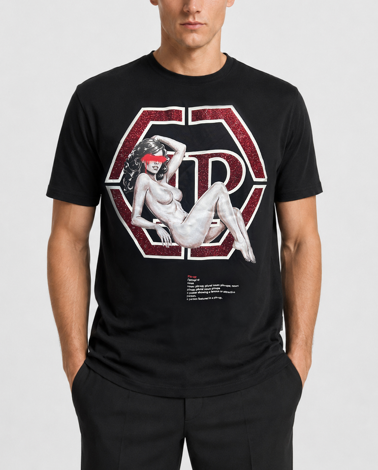 Czarny t-shirt z grafiką i kryształkami